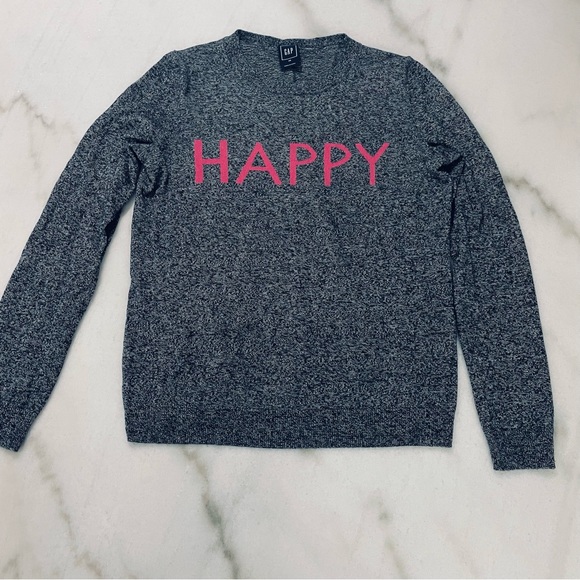 Gap Neon Pink Happy Graphic Black Merino Wool Sweater - Picture 2 of 8